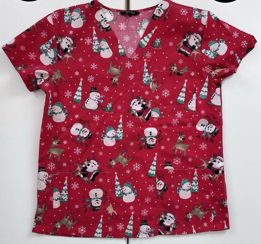 Just Love Christmas Scrub Top Women’s Large Red Snowman Reindeer Holiday Nurse